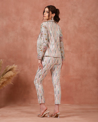 MULTI COLOUR HAND WORK ON JACKET WITH PANTS - White Maison de Couture