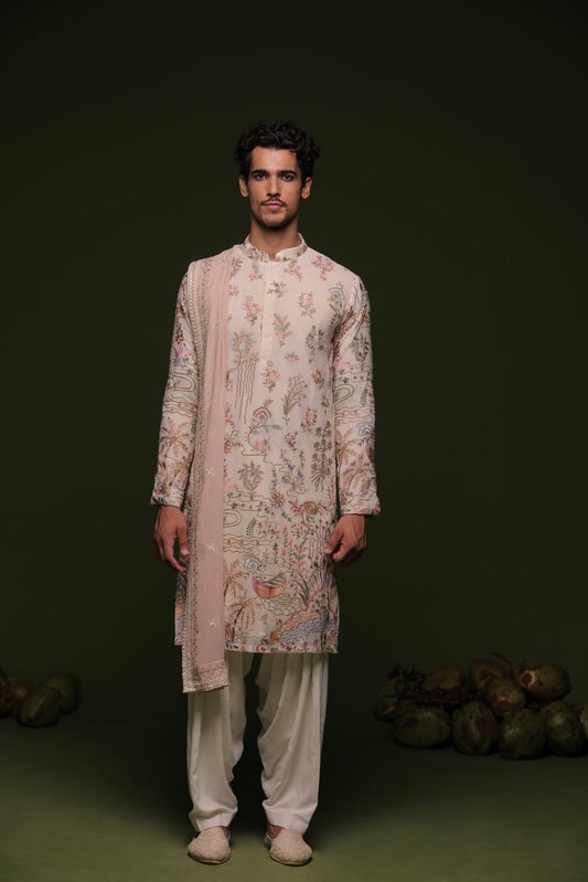 MUNI MULTI KURTA SET WITH PATIYALA AND DUPATTA - White Maison de Couture