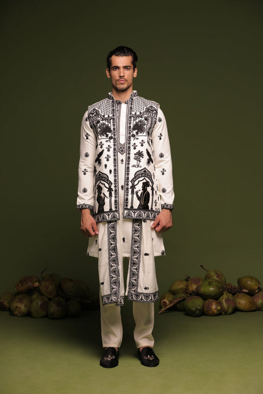 NAVNEET CREAM JACKET KURTA SET WITH DUPATTA - White Maison de Couture