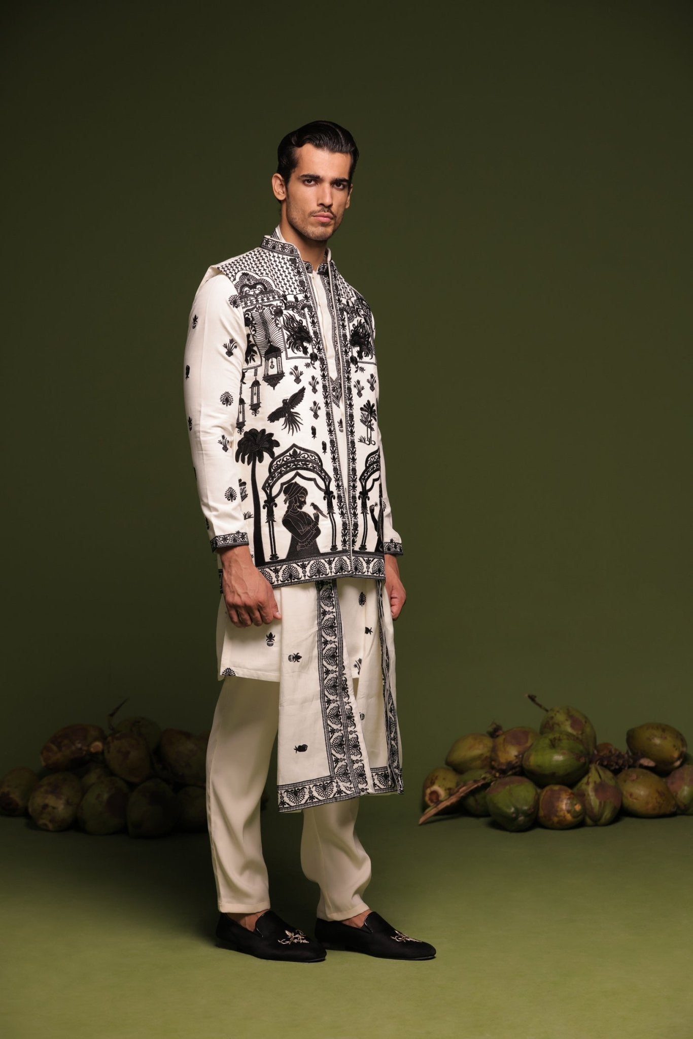 NAVNEET CREAM JACKET KURTA SET WITH DUPATTA - White Maison de Couture