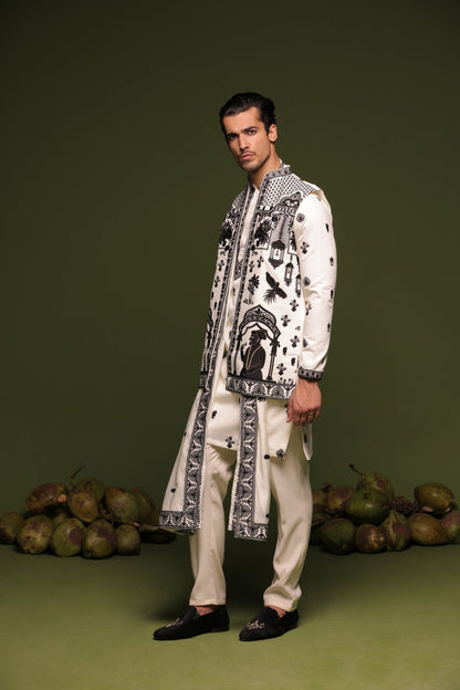 NAVNEET CREAM JACKET KURTA SET WITH DUPATTA - White Maison de Couture