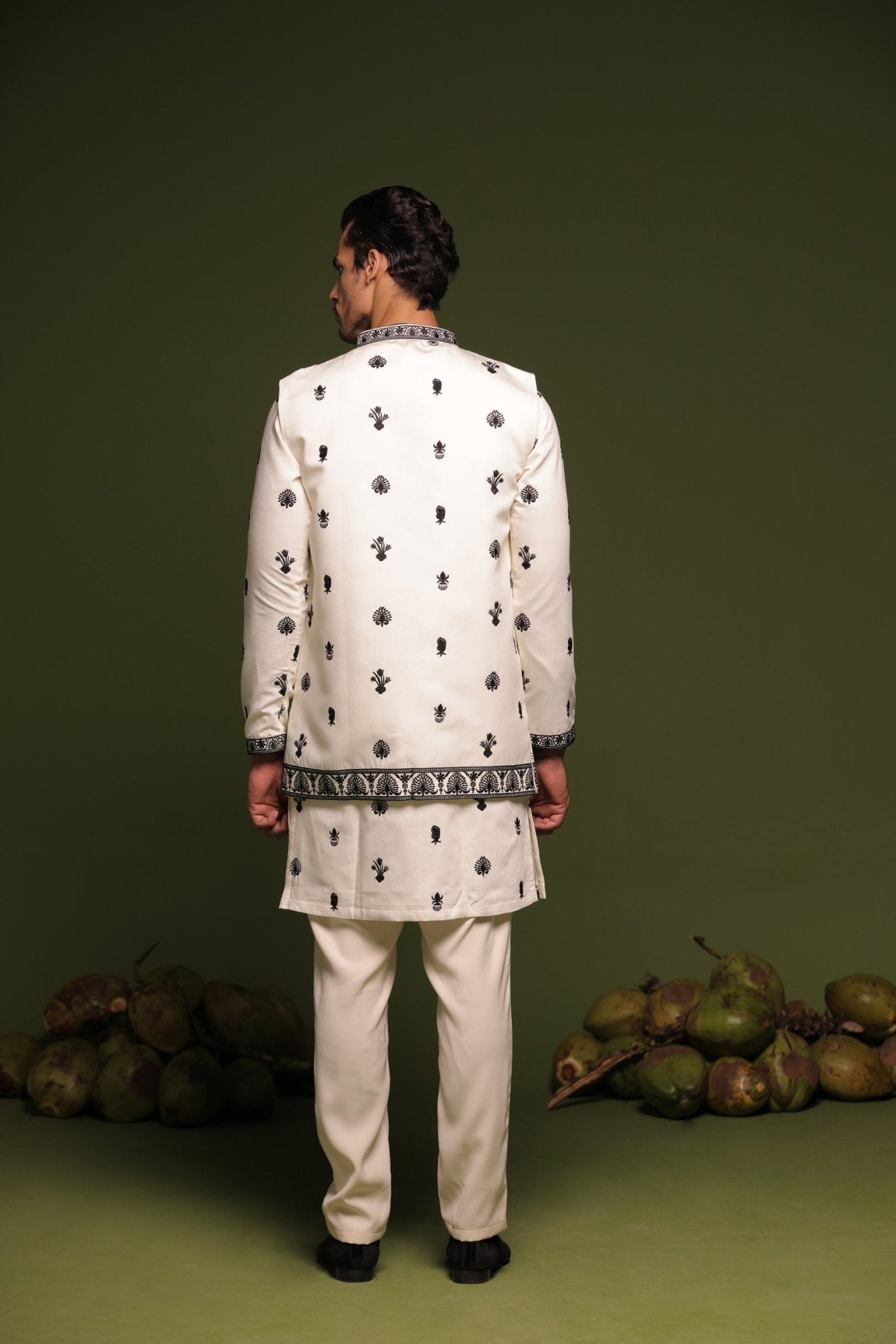 NAVNEET CREAM JACKET KURTA SET WITH DUPATTA - White Maison de Couture