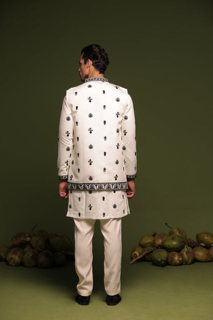 NAVNEET CREAM JACKET KURTA SET WITH DUPATTA - White Maison de Couture
