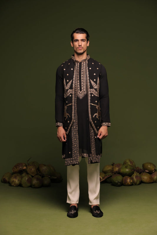 NIRBHIK BLACK JACKET KURTA SET WITH TROUSER AND DUPATTA - White Maison de Couture