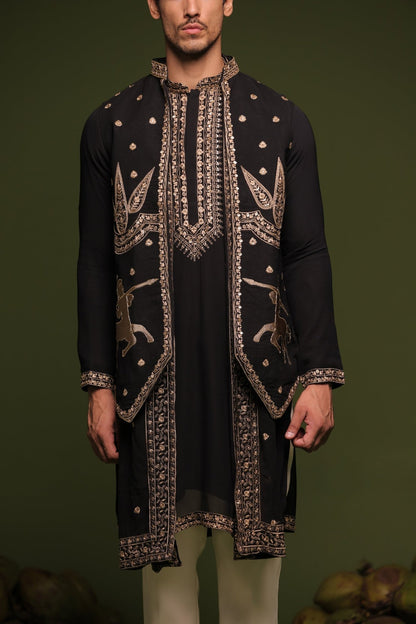 NIRBHIK BLACK JACKET KURTA SET WITH TROUSER AND DUPATTA - White Maison de Couture