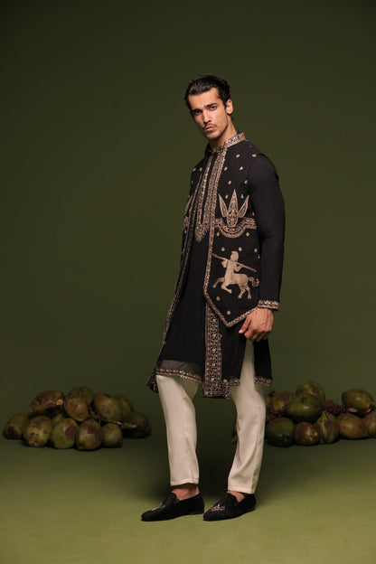 NIRBHIK BLACK JACKET KURTA SET WITH TROUSER AND DUPATTA - White Maison de Couture