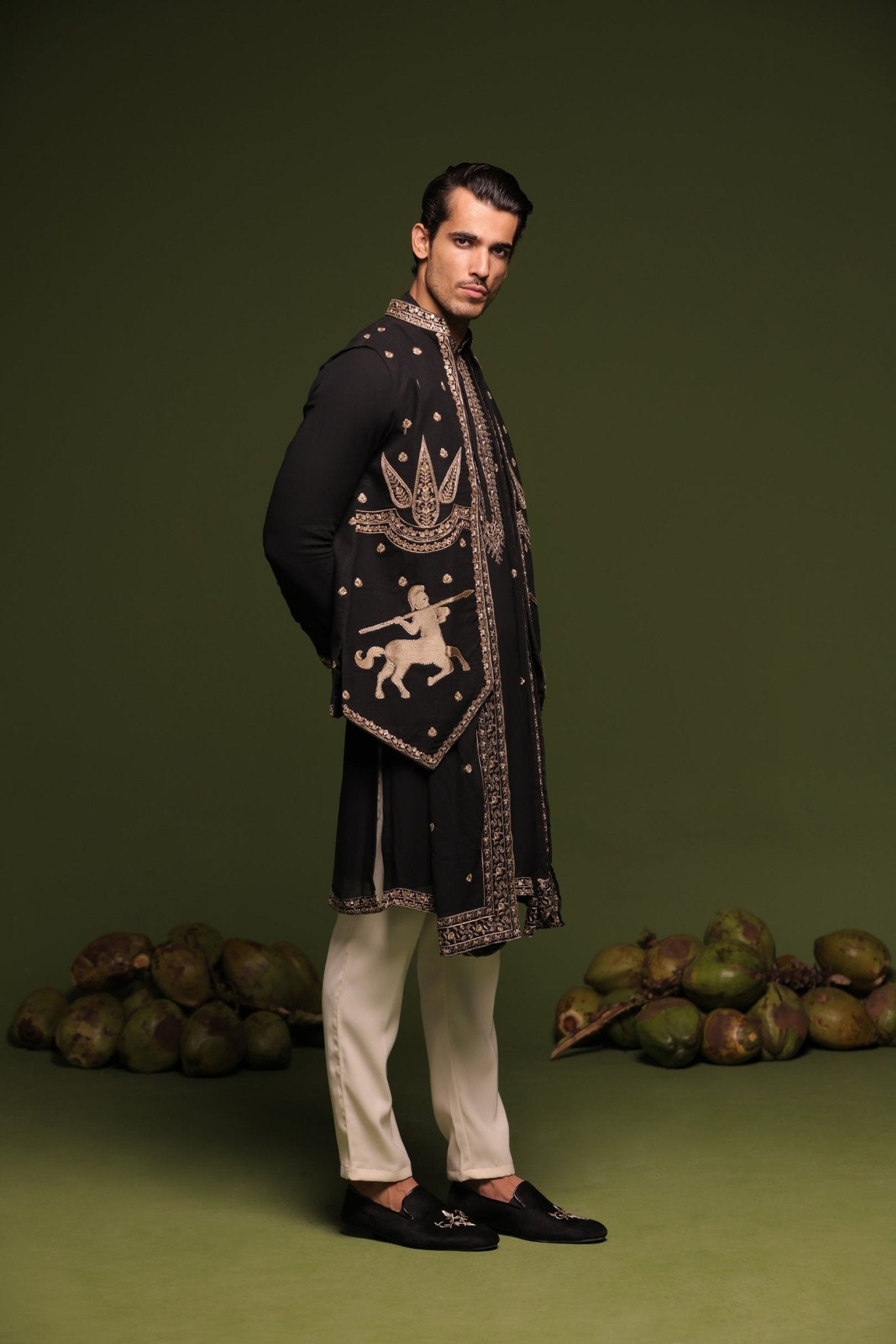 NIRBHIK BLACK JACKET KURTA SET WITH TROUSER AND DUPATTA - White Maison de Couture