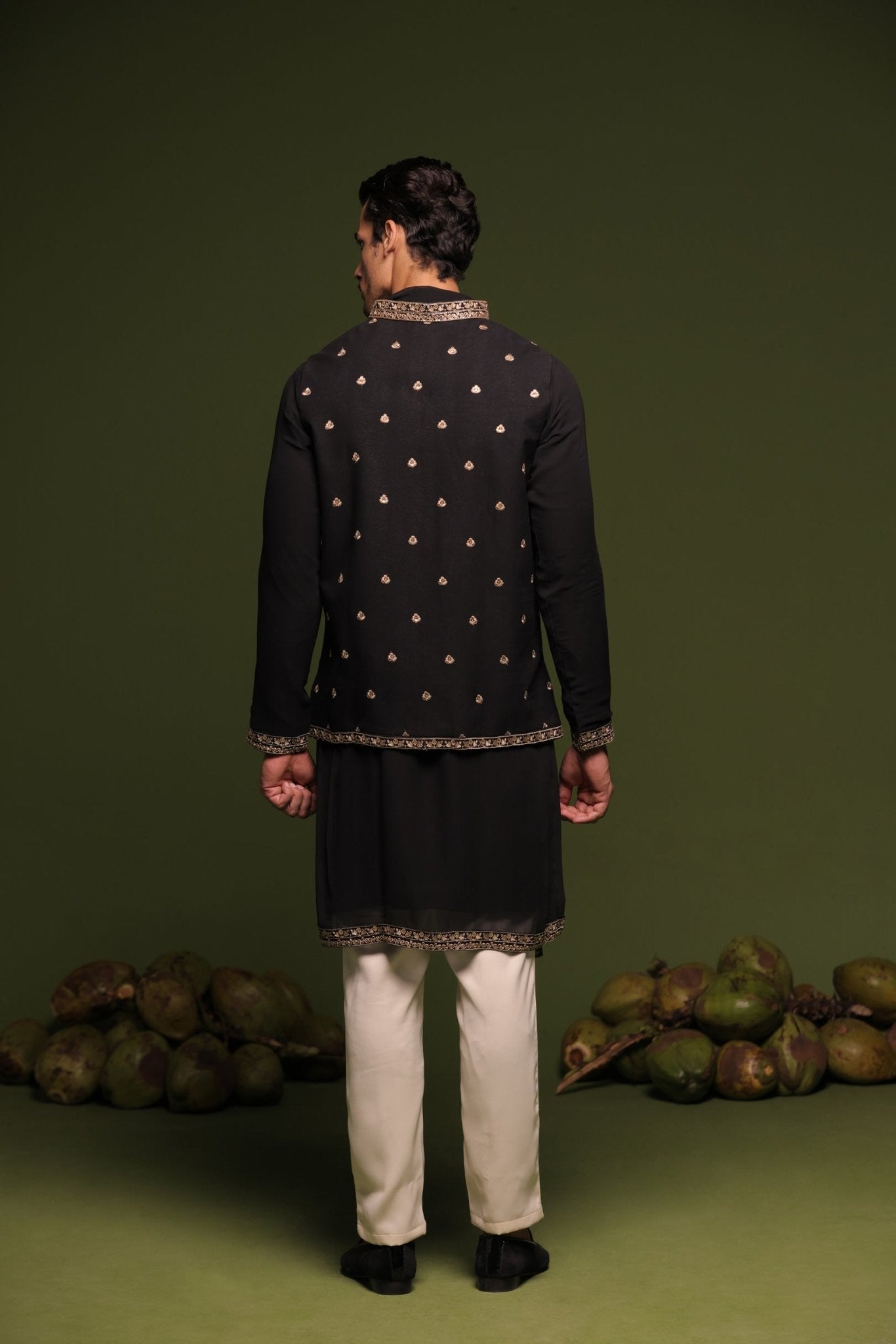 NIRBHIK BLACK JACKET KURTA SET WITH TROUSER AND DUPATTA - White Maison de Couture