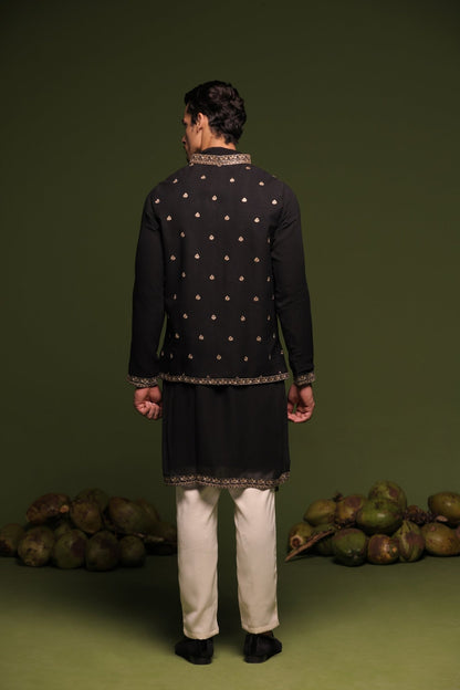 NIRBHIK BLACK JACKET KURTA SET WITH TROUSER AND DUPATTA - White Maison de Couture