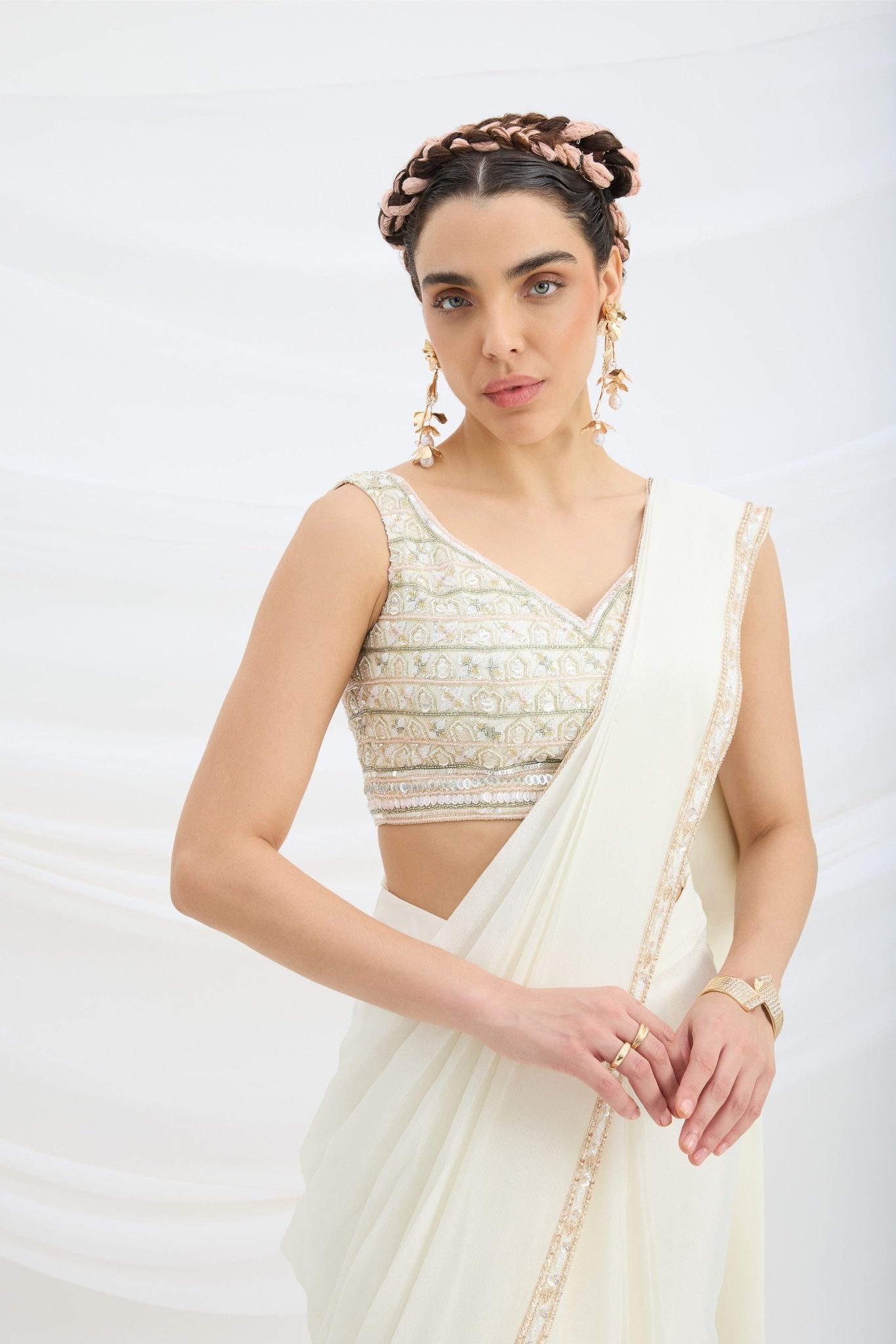 OFF WHITE DRAPE SET SAREE WITH EMBROIDERED BLOUSE - White Maison de Couture