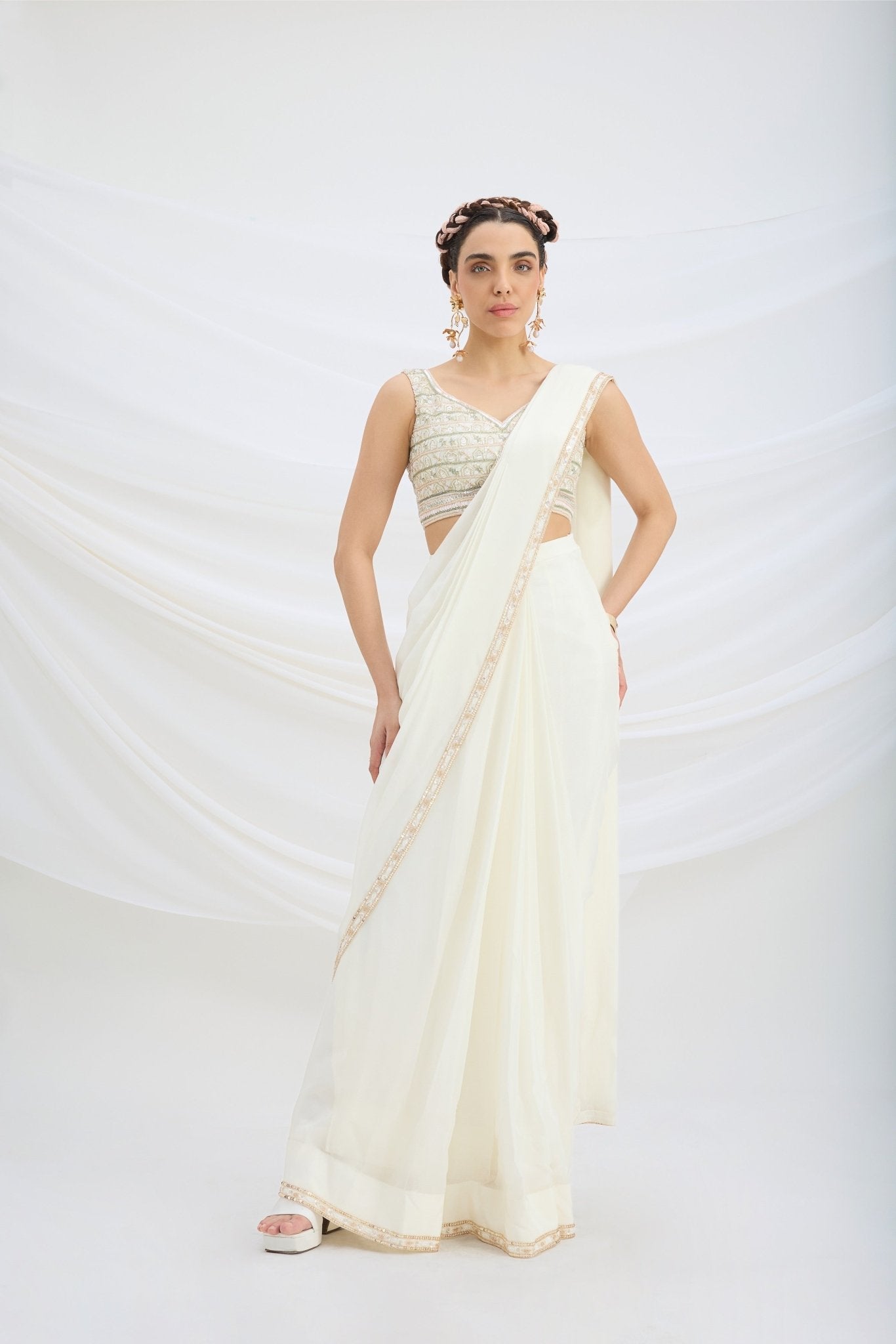 OFF WHITE DRAPE SET SAREE WITH EMBROIDERED BLOUSE - White Maison de Couture