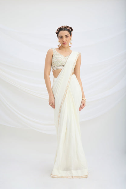 OFF WHITE DRAPE SET SAREE WITH EMBROIDERED BLOUSE - White Maison de Couture
