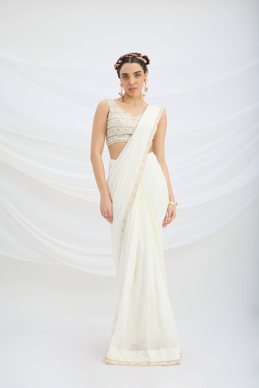OFF WHITE DRAPE SET SAREE WITH EMBROIDERED BLOUSE - White Maison de Couture