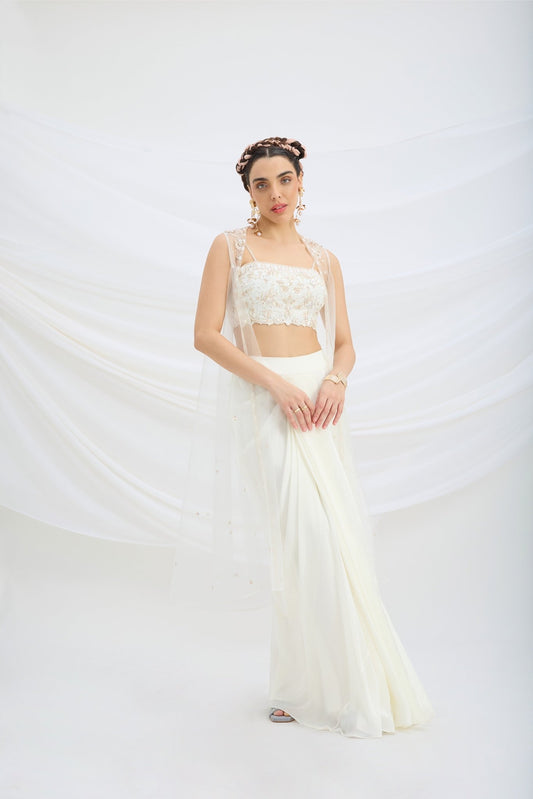 OFF WHITE EMBROIDERED JACKET WITH DRAPE SKIRT AND EMBROIDERED CROP TOP - White Maison de Couture