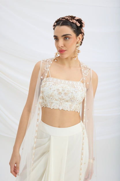 OFF WHITE EMBROIDERED JACKET WITH DRAPE SKIRT AND EMBROIDERED CROP TOP - White Maison de Couture
