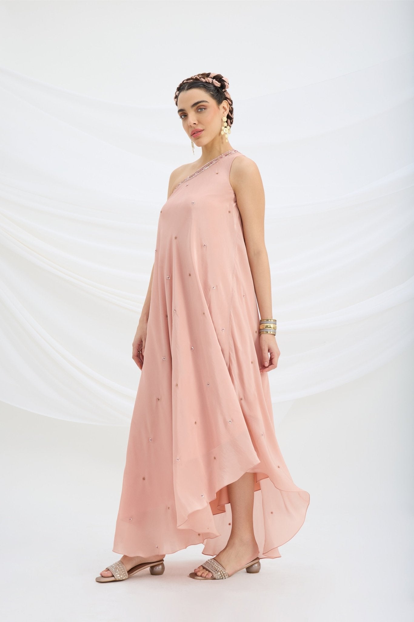 ONE SHOULDER EMBROIDERED DRAPE DRESS - White Maison de Couture