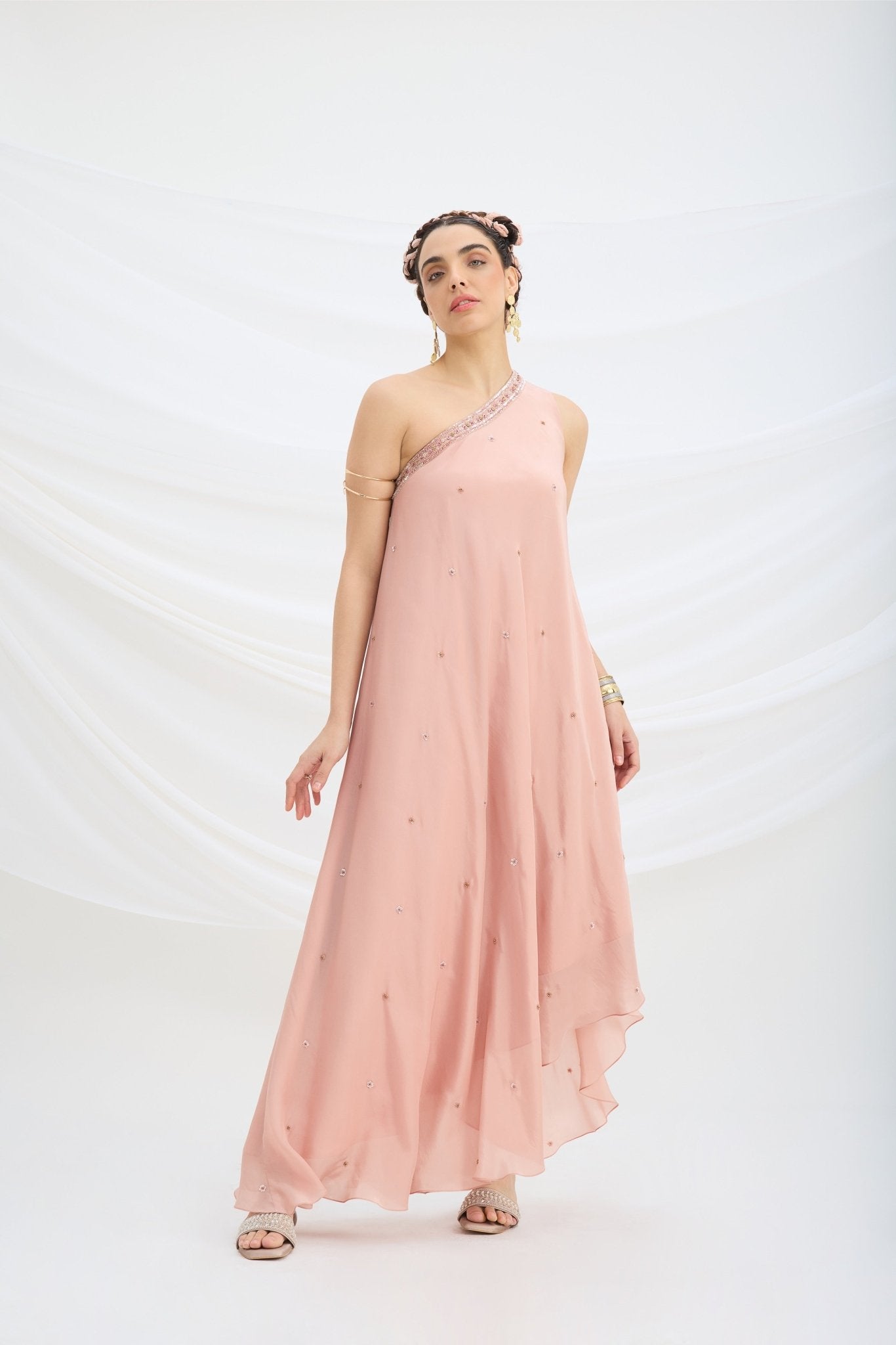 ONE SHOULDER EMBROIDERED DRAPE DRESS - White Maison de Couture