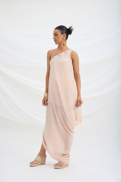 ONE SHOULDER EMBROIDERED DRAPE DRESS - White Maison de Couture