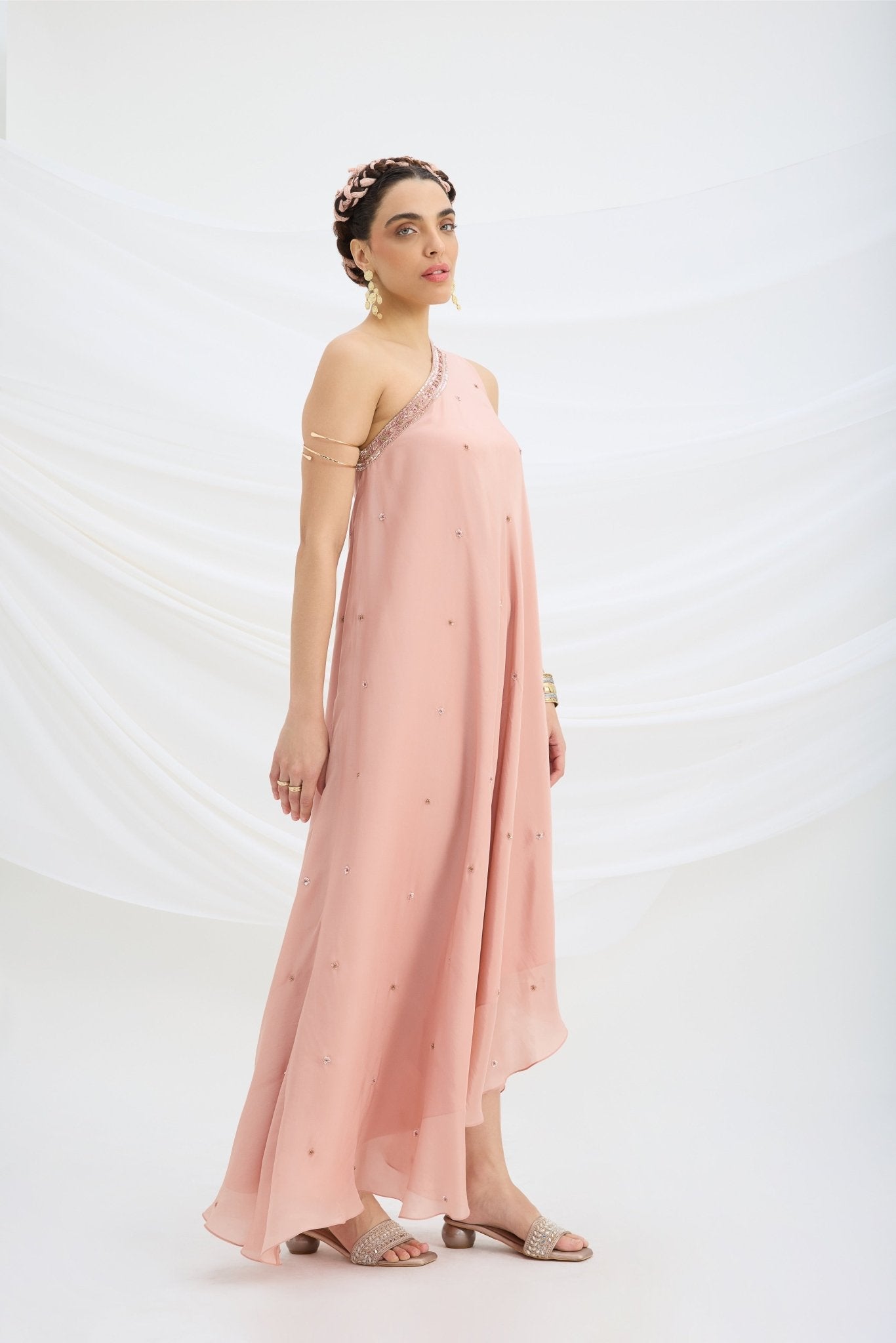 ONE SHOULDER EMBROIDERED DRAPE DRESS - White Maison de Couture