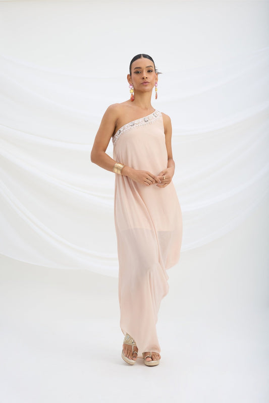 ONE SHOULDER EMBROIDERED DRAPE DRESS - White Maison de Couture