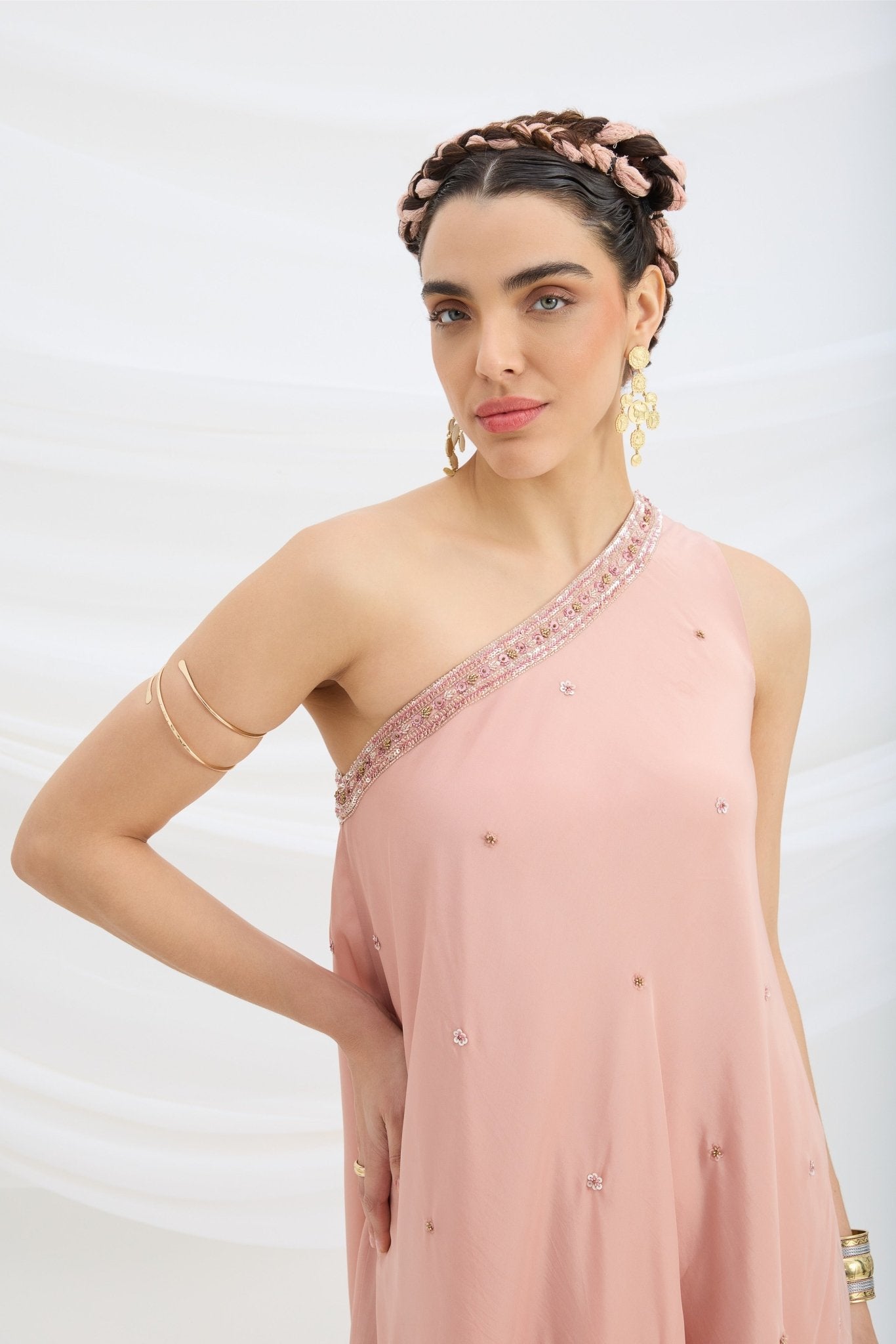 ONE SHOULDER EMBROIDERED DRAPE DRESS - White Maison de Couture