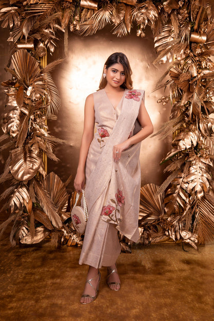 CHAMPAGNE EMBROIDERED WAISTCOAT & ANKLE LENGTH PRESTITCHED SAREE