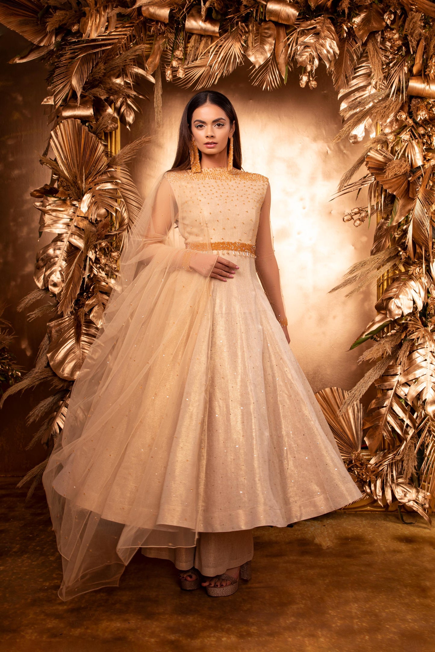 CHAMPAGNE CRYSTAL ANARKALI & WIDE LEG PANT WITH CRYSTAL NET DUPATTA