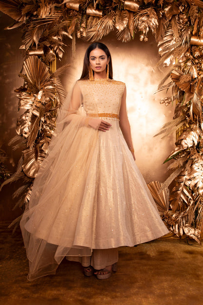 CHAMPAGNE CRYSTAL ANARKALI & WIDE LEG PANT WITH CRYSTAL NET DUPATTA