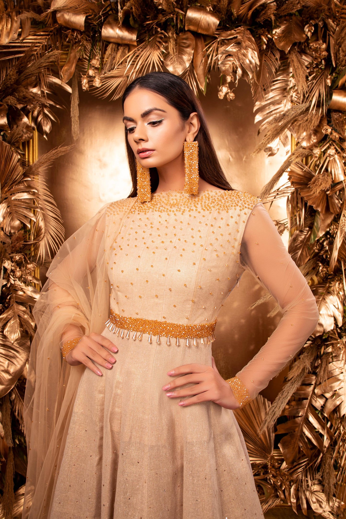 CHAMPAGNE CRYSTAL ANARKALI & WIDE LEG PANT WITH CRYSTAL NET DUPATTA