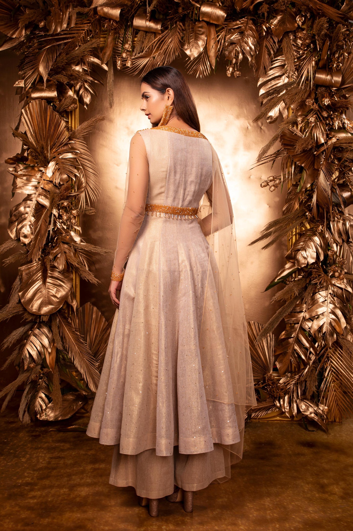 CHAMPAGNE CRYSTAL ANARKALI & WIDE LEG PANT WITH CRYSTAL NET DUPATTA