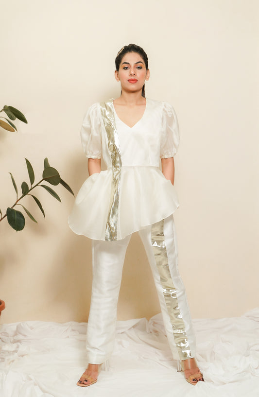 ASYMMETRIC SILVER STRIPE ORGANZA SET