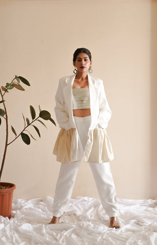 WHITE FRILLED PANT SUIT SET