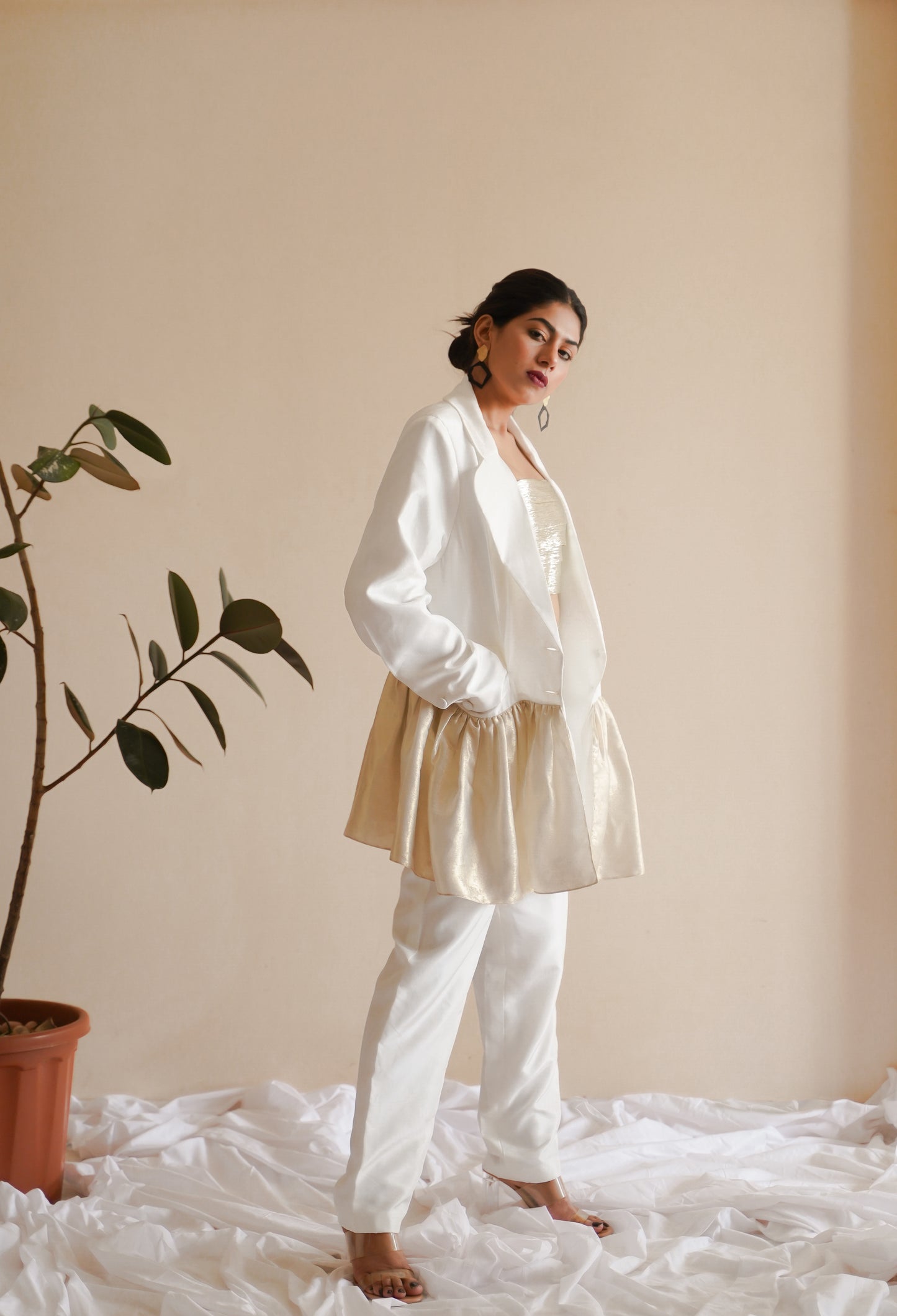 WHITE FRILLED PANT SUIT SET