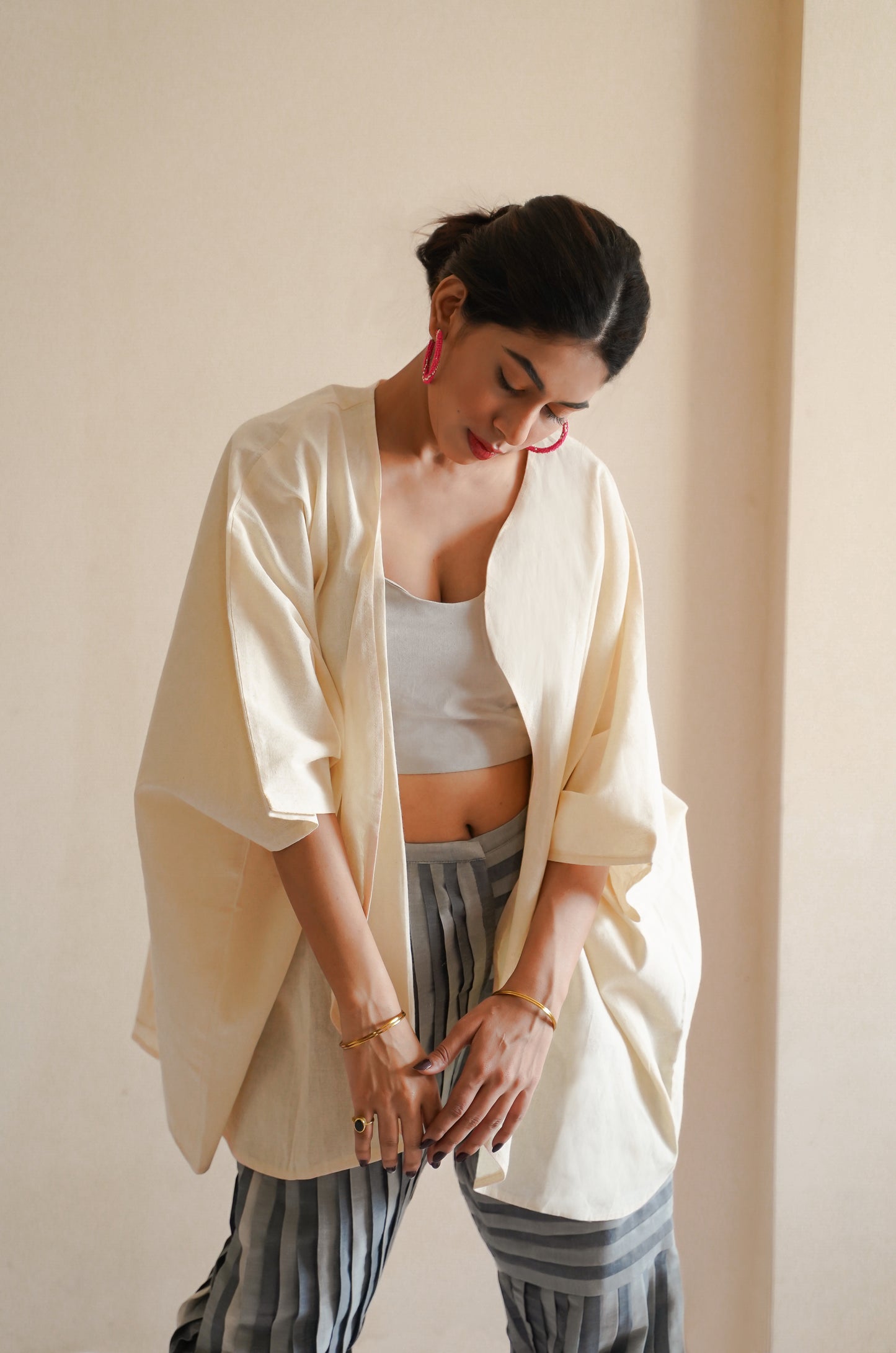 GREY STRIPED PLEATED PANT SET