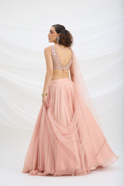 PEACH LEHENGA WITH EMBROIDERED STITCHED BLOUSE AND DUPATTA - White Maison de Couture