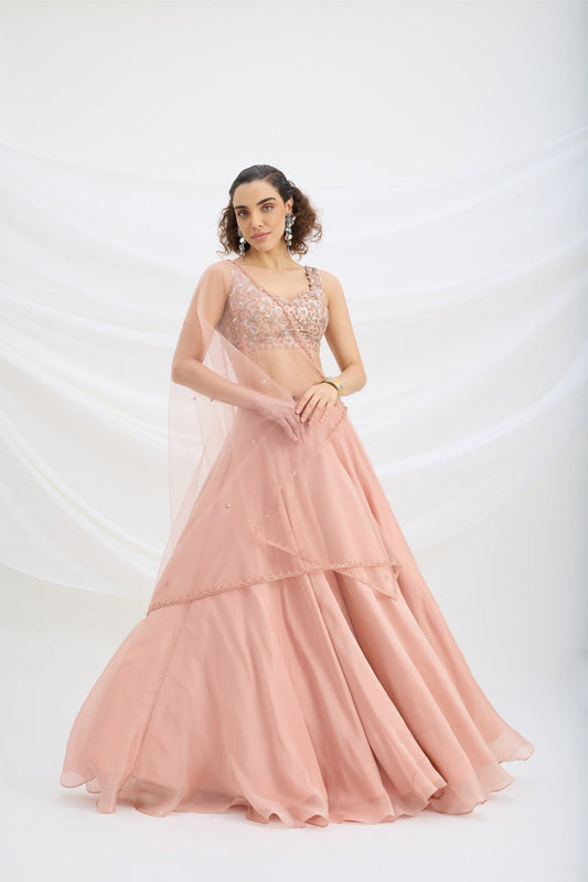 PEACH LEHENGA WITH EMBROIDERED STITCHED BLOUSE AND DUPATTA - White Maison de Couture