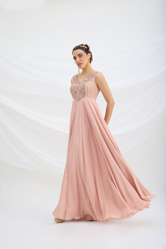 PEACH PINK EMBROIDERED DRESS WITH DUPATTA - White Maison de Couture