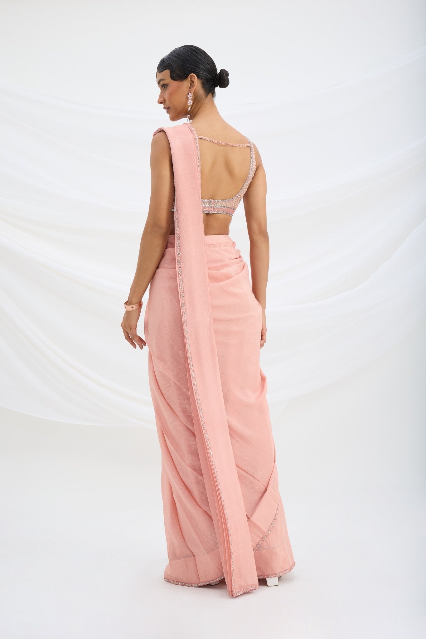 PEACH PINK SET SAREE WITH EMBROIDERED BLOUSE - White Maison de Couture