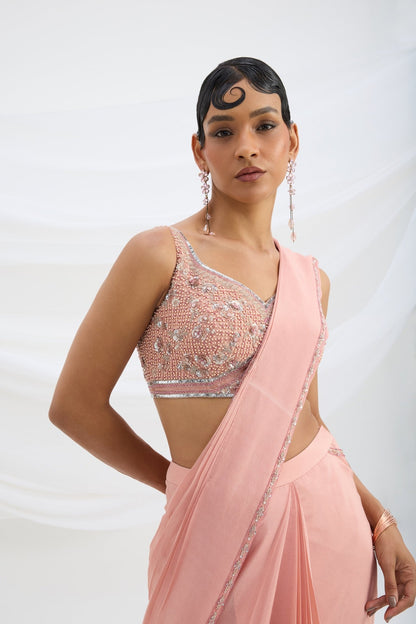 PEACH PINK SET SAREE WITH EMBROIDERED BLOUSE - White Maison de Couture