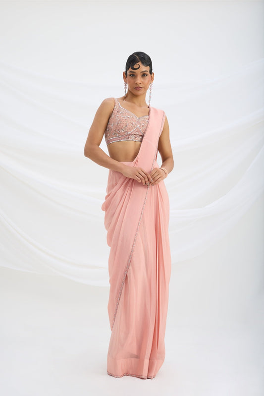 PEACH PINK SET SAREE WITH EMBROIDERED BLOUSE - White Maison de Couture