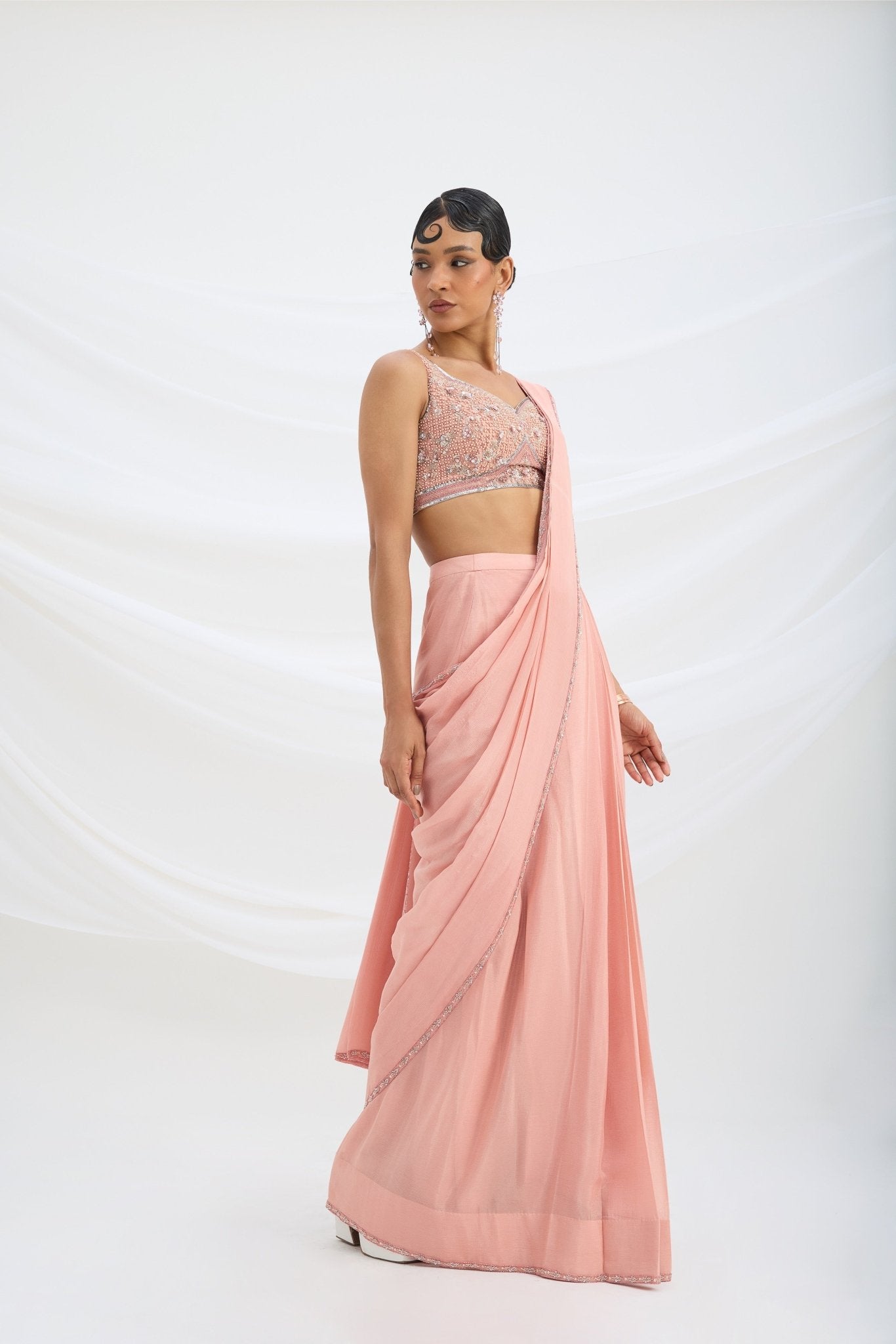 PEACH PINK SET SAREE WITH EMBROIDERED BLOUSE - White Maison de Couture