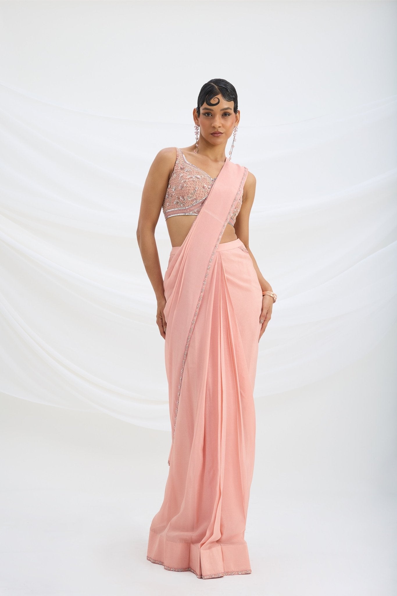 PEACH PINK SET SAREE WITH EMBROIDERED BLOUSE - White Maison de Couture