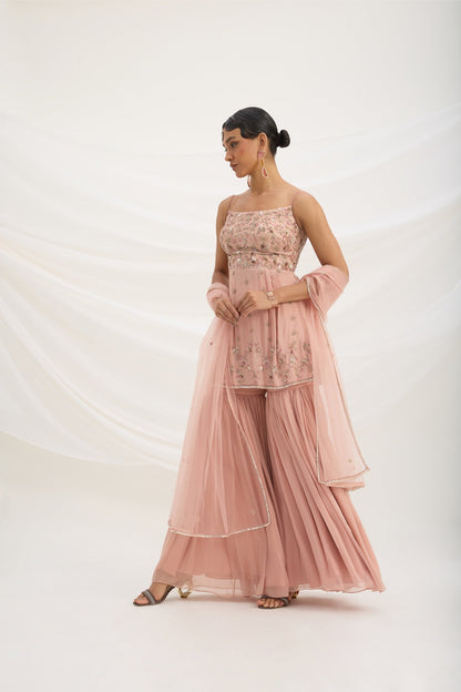 PEACH PINK SHARARA WITH EMBROIDERED TOP AND DUPATTA - White Maison de Couture
