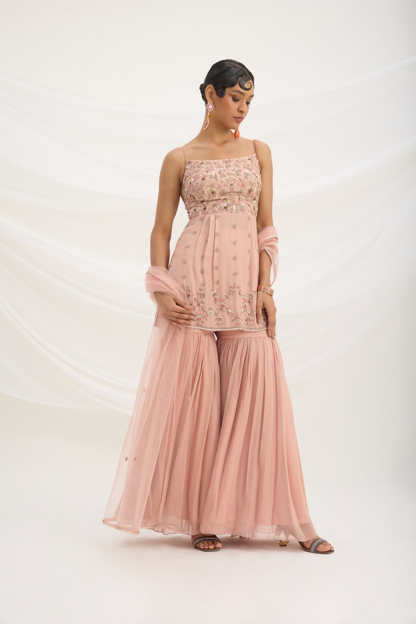 PEACH PINK SHARARA WITH EMBROIDERED TOP AND DUPATTA - White Maison de Couture