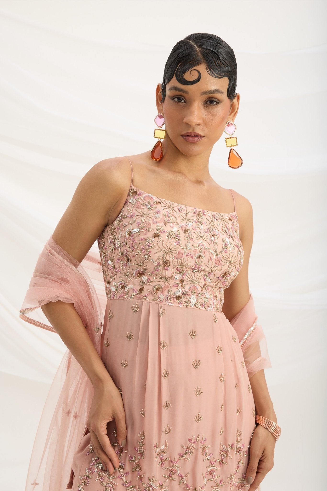 PEACH PINK SHARARA WITH EMBROIDERED TOP AND DUPATTA - White Maison de Couture