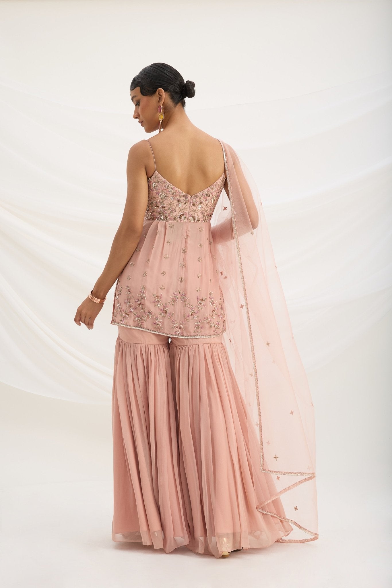 PEACH PINK SHARARA WITH EMBROIDERED TOP AND DUPATTA - White Maison de Couture