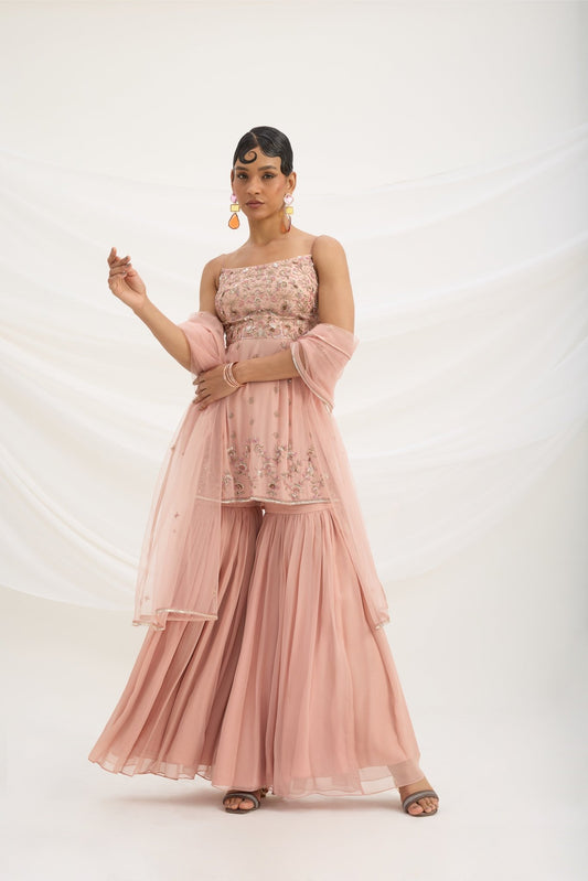 PEACH PINK SHARARA WITH EMBROIDERED TOP AND DUPATTA - White Maison de Couture
