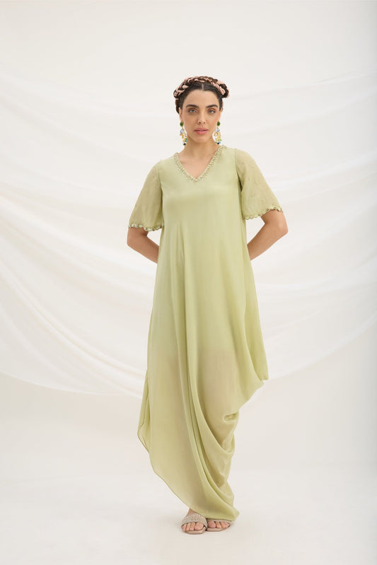 PISTA GREEN DRAPE DRESS - White Maison de Couture
