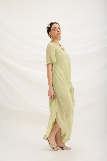 PISTA GREEN DRAPE DRESS - White Maison de Couture