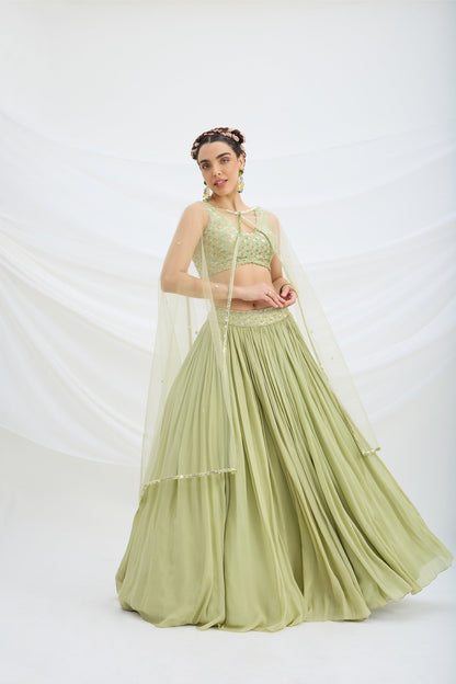 PISTA GREEN LEHENGA WITH EMBROIDERED BLOUSE AND DUPATTA - White Maison de Couture